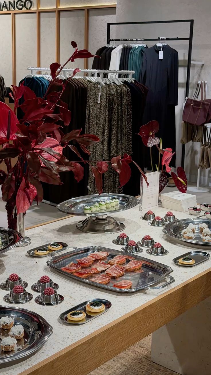 A flower-filled table during a shopping day